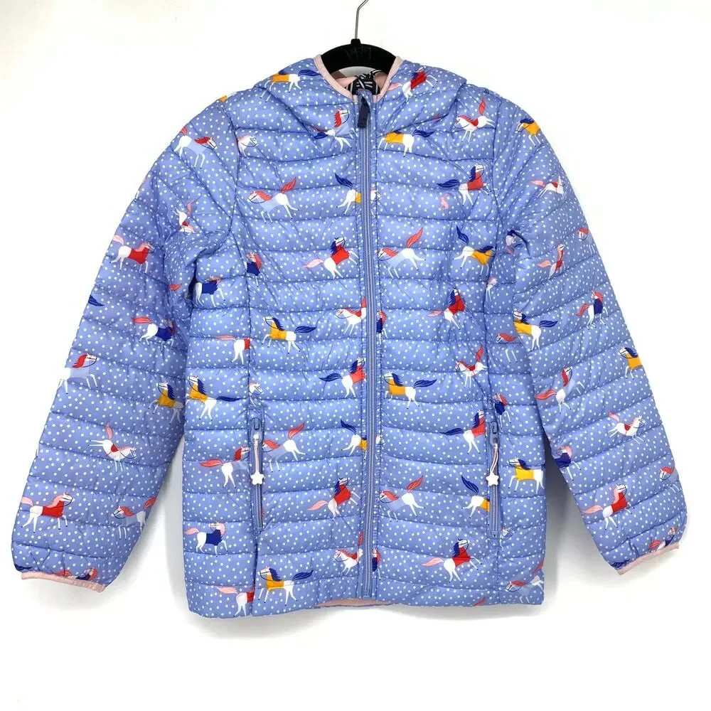 Joules Right As Rain Collection Girls Sz 12 Rain Jacket Blue Spotted Horses NEW